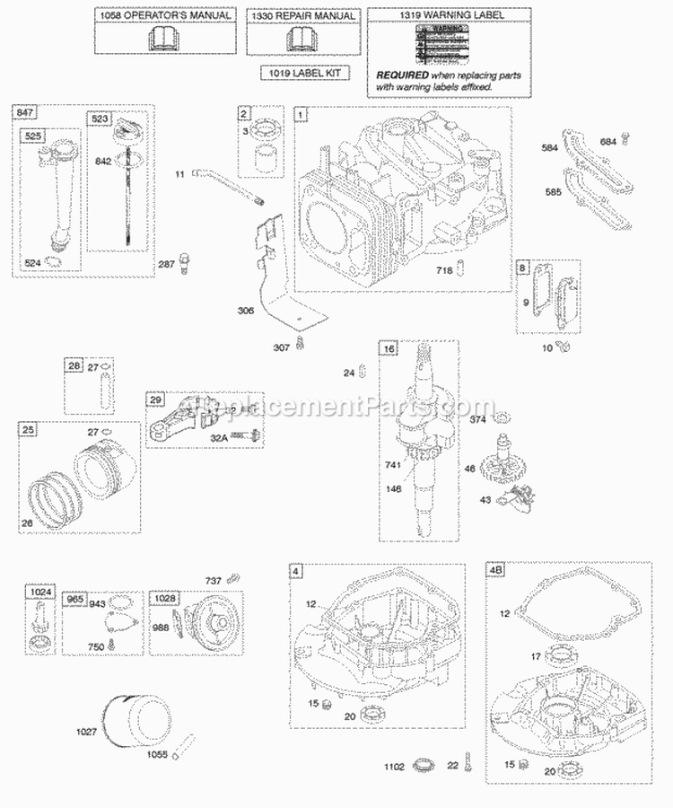 Camshaft Crankshaft Cylinder Engine Sump Lubrication Piston Group Diagram and Parts List for 12Q502-0015-E1  Briggs and Stratton Engine